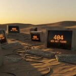 un desierto con pantallas mostrando el mensaje de "error 404 web not found"